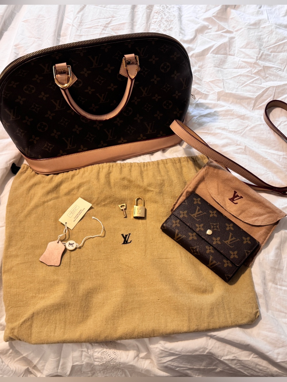 Brown satchel purse - Monogram with Vachetta Trim - w/ matching wallet & dusters